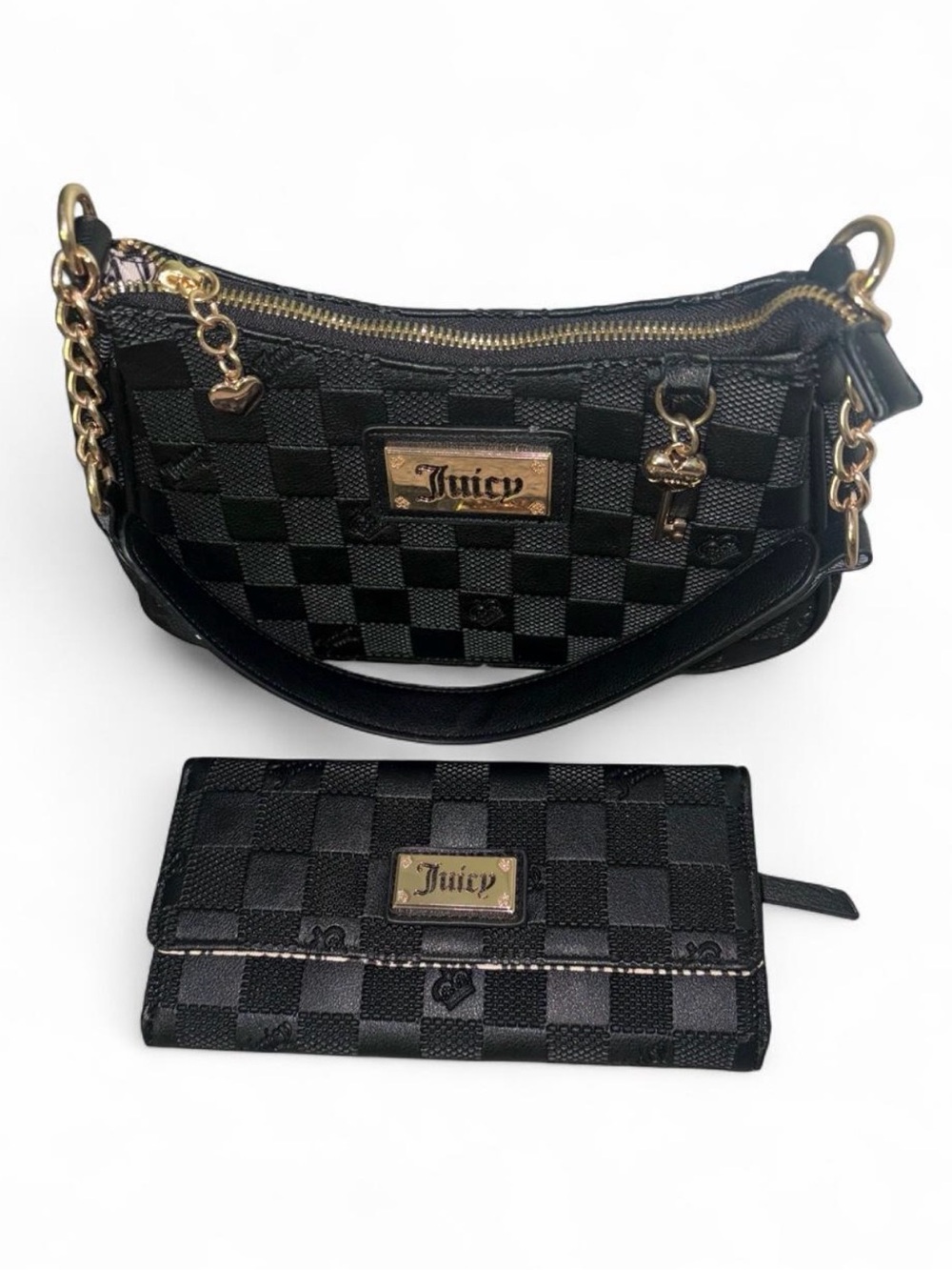 Juicy Couture Miss Independent Black Checkered Shoulder Bag with Matching Wallet
